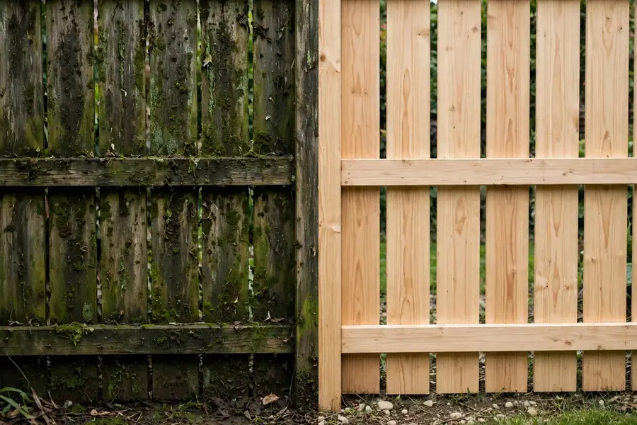 Illustrative example of a wood fence before and after professional cleaning