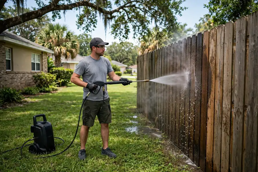 Professional fence washing a wooden privacy fence at a Jacksonville, FL home